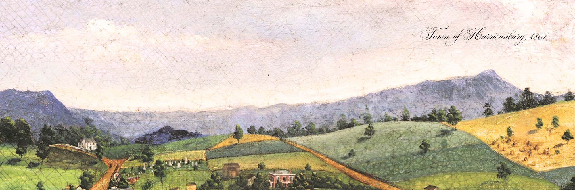 Painting by Emma Lyon Bryan of farmland east of Harrisonburg with Massanutten Peak in the distance, titled Town of Harrisonburg, 1867